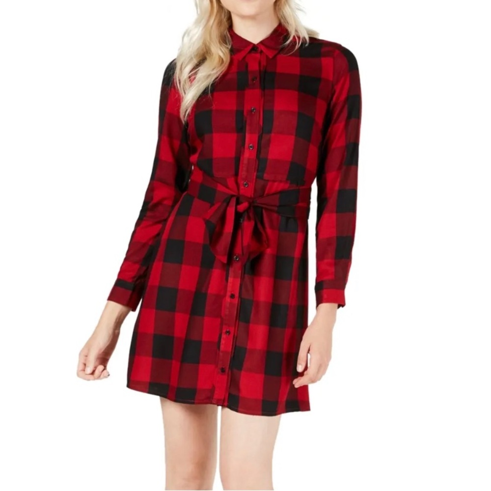 Maison Jules Plaid Tie Waist Flannel Dress